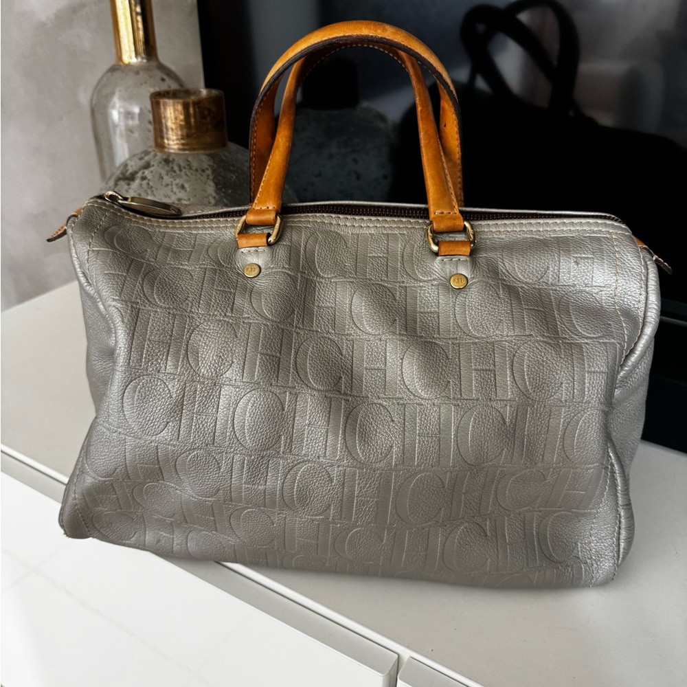 Carolina Herrera Metallic Gray Logo-Embossed Satchel with Tan Leather Handles